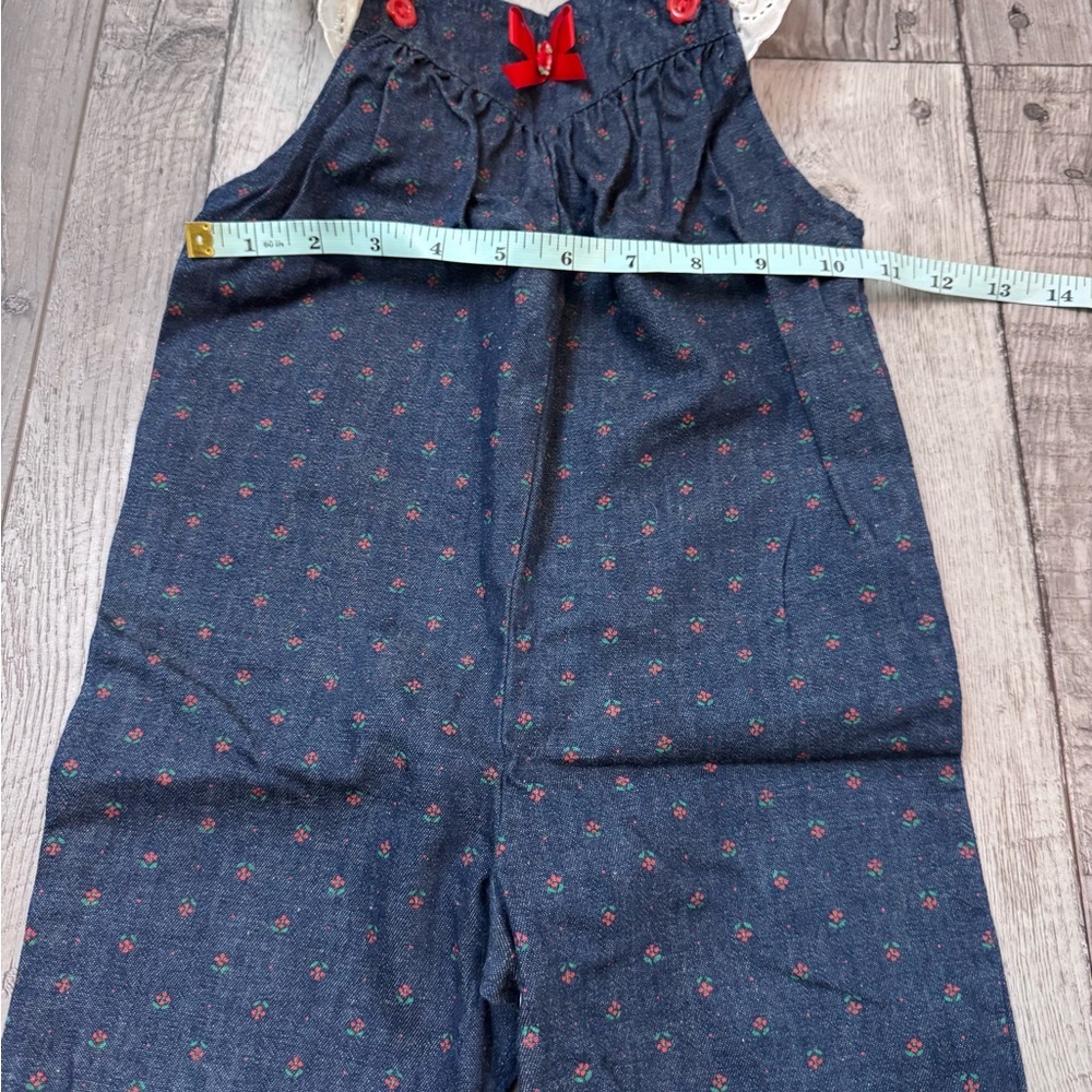 Vintage Healthtex Denim Navy Floral Lace-Trim Jumpsuit Red Accents Retro 90โs - Picture 7 of 8
